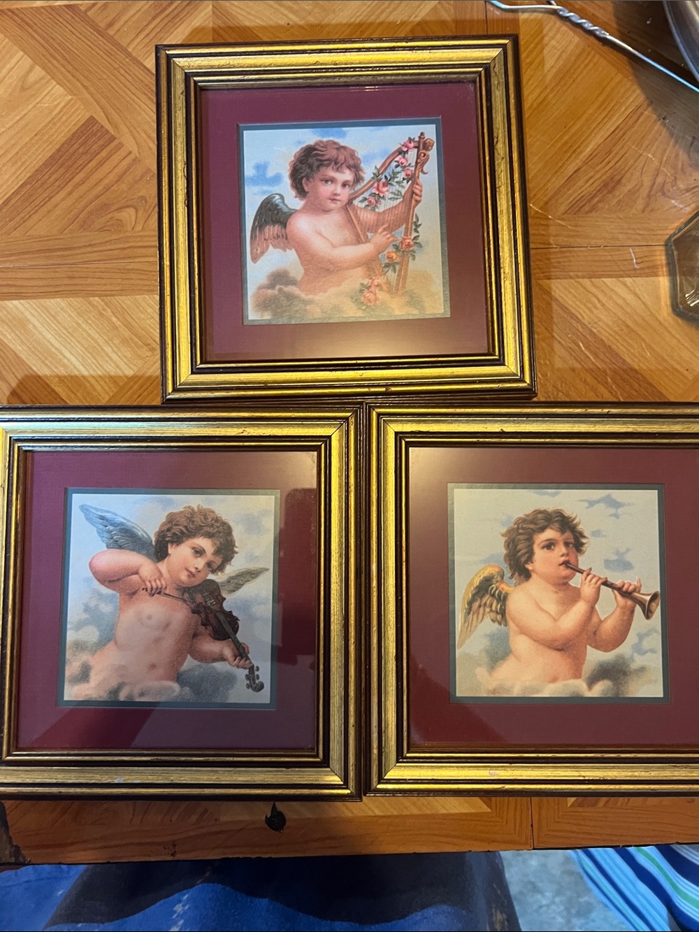 Home Interiors Gold Frame Cherub Wall Art Set with Burgundy Mats